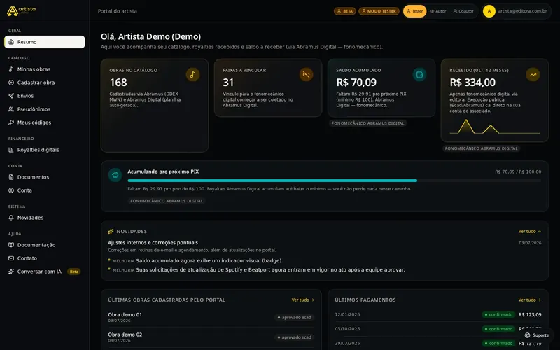 Prévia redatada do portal do autor, com catálogo e acompanhamento de fonomecânicos digitais.